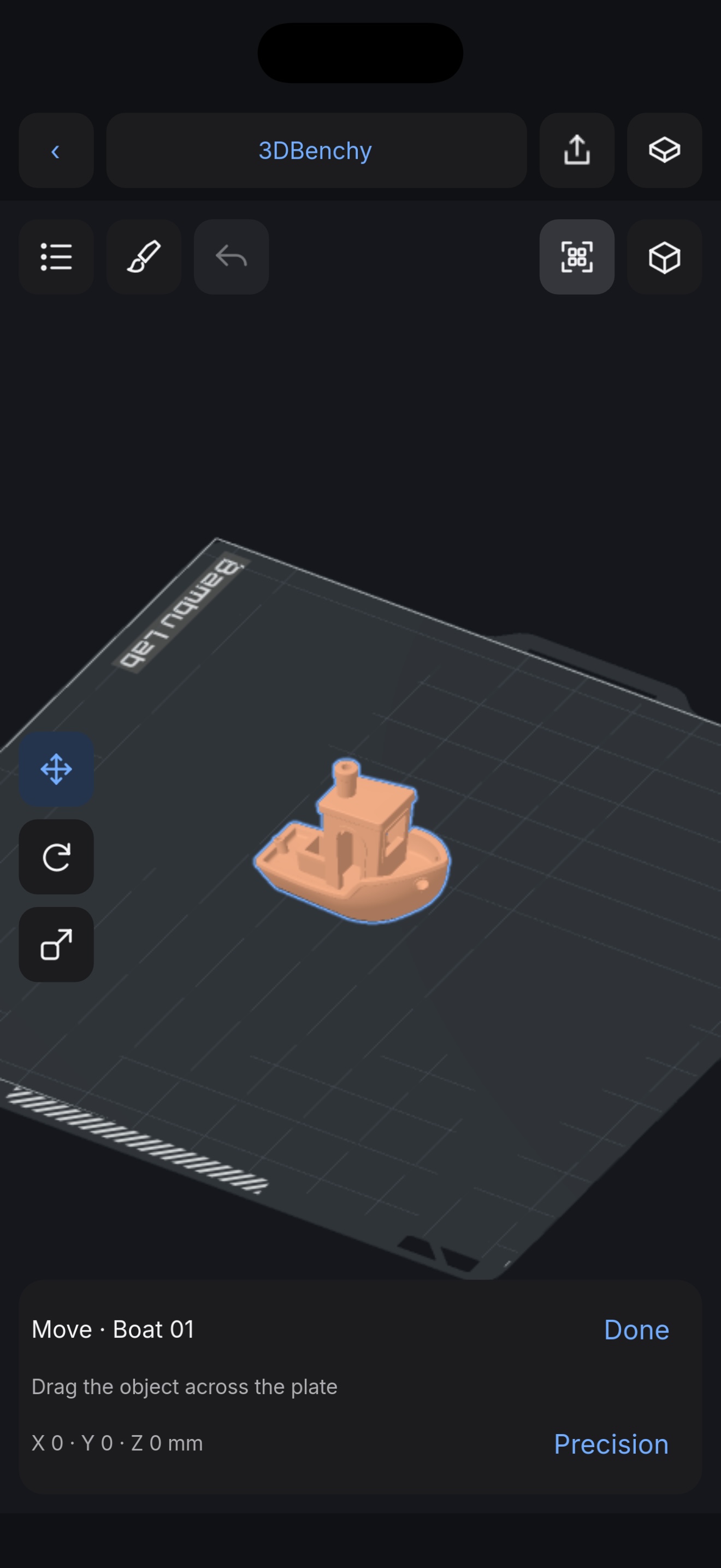 Actual Mono Slicer screen showing a 3DBenchy boat on the build plate