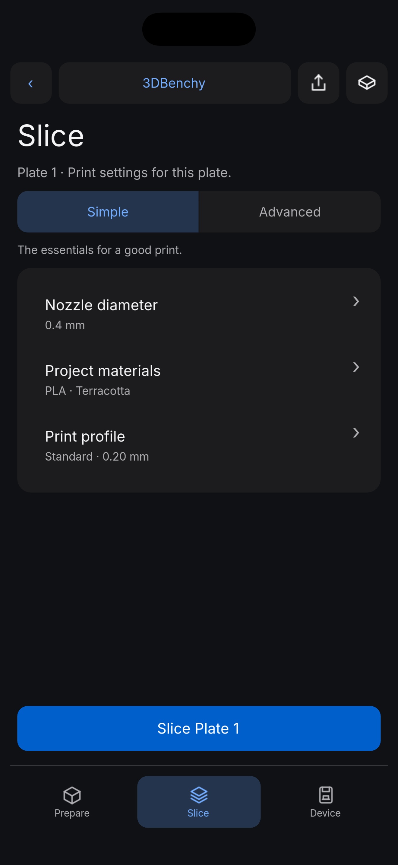 Actual slicing settings in the app