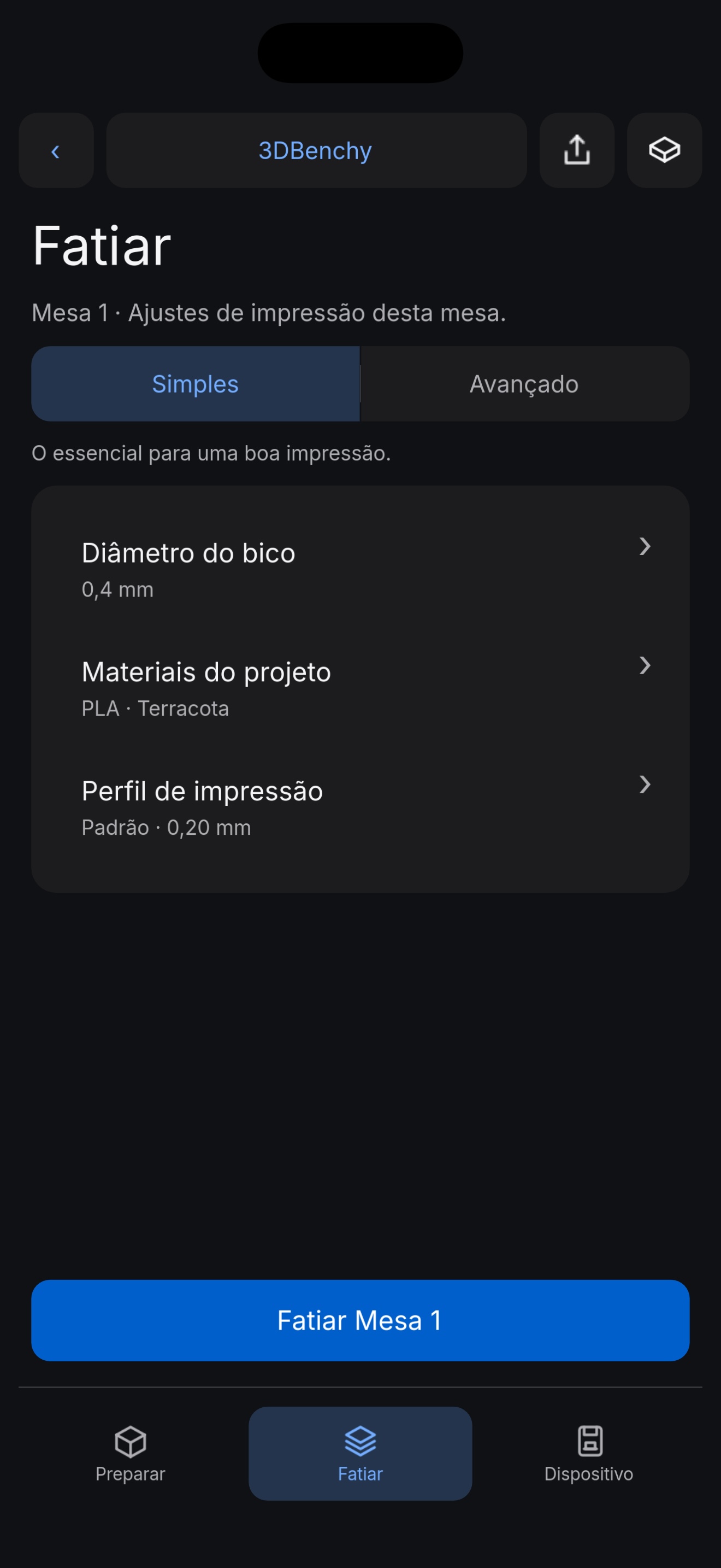 Ajustes reais de fatiamento no aplicativo
